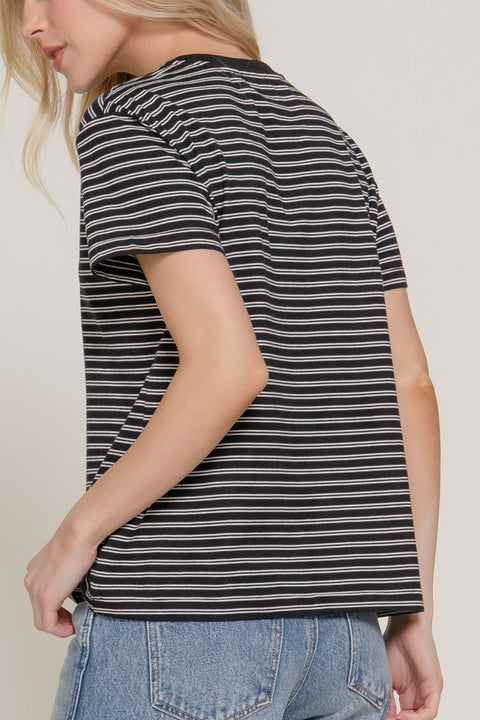 Basic Short Sleeve Round Neck Yarn-Dyed Stripe Cotton Tee