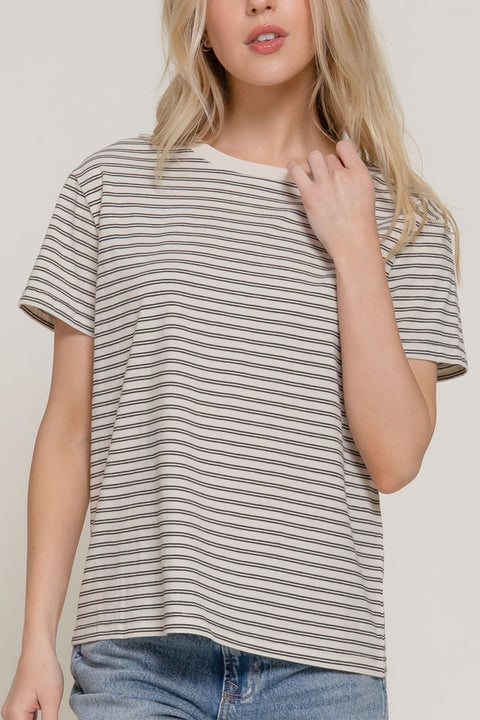 Basic Short Sleeve Round Neck Yarn-Dyed Stripe Cotton Tee