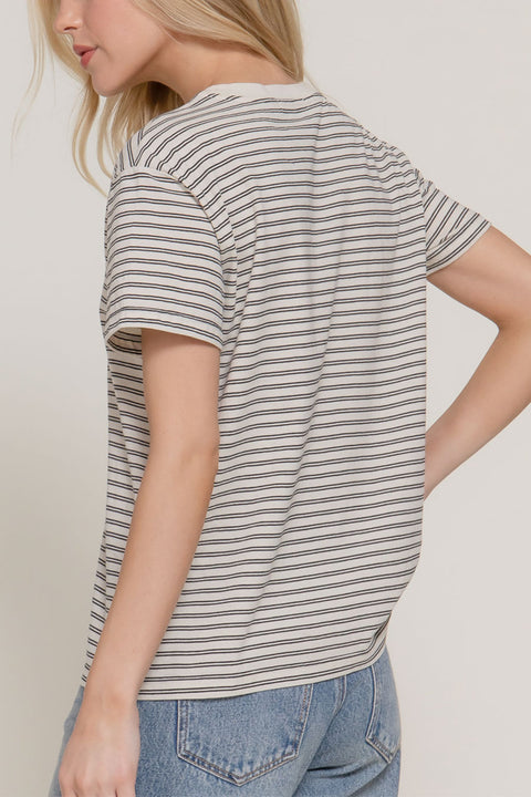 Basic Short Sleeve Round Neck Yarn-Dyed Stripe Cotton Tee