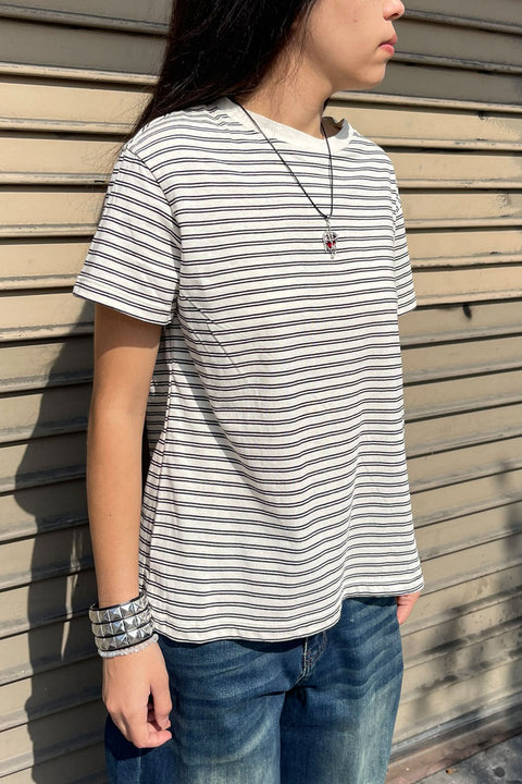 Basic Short Sleeve Round Neck Yarn-Dyed Stripe Cotton Tee