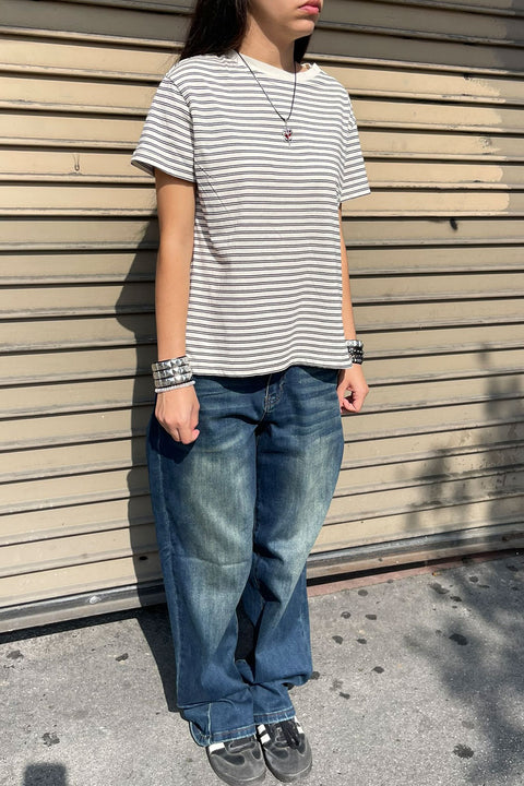 Basic Short Sleeve Round Neck Yarn-Dyed Stripe Cotton Tee