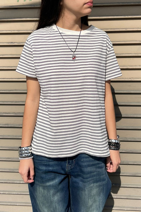 Basic Short Sleeve Round Neck Yarn-Dyed Stripe Cotton Tee