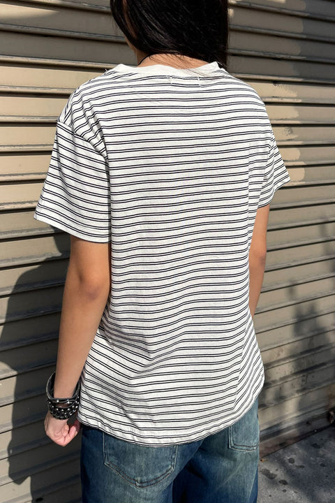Basic Short Sleeve Round Neck Yarn-Dyed Stripe Cotton Tee