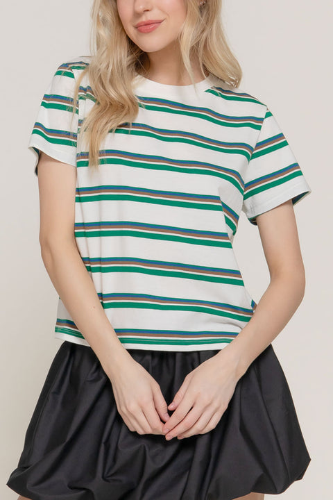 Basic Short Sleeve Crew Neck Multi Striped Knit Top