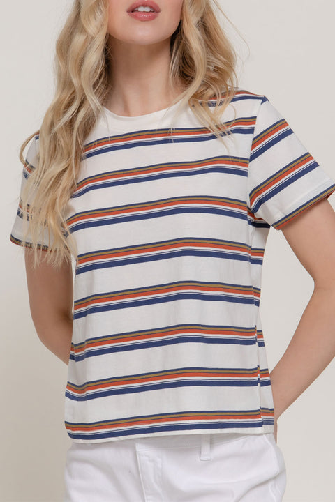Basic Short Sleeve Crew Neck Multi Striped Knit Top