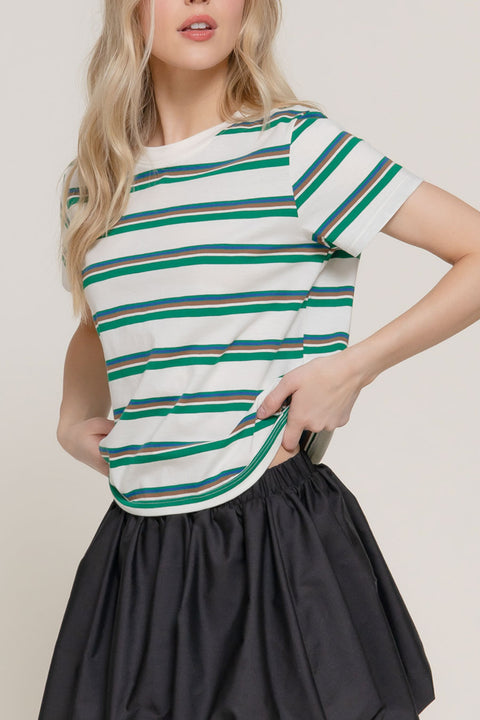 Basic Short Sleeve Crew Neck Multi Striped Knit Top