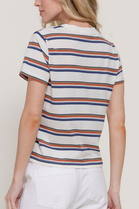 Basic Short Sleeve Crew Neck Multi Striped Knit Top