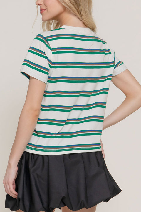 Basic Short Sleeve Crew Neck Multi Striped Knit Top