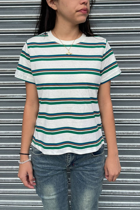 Basic Short Sleeve Crew Neck Multi Striped Knit Top