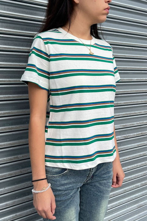 Basic Short Sleeve Crew Neck Multi Striped Knit Top