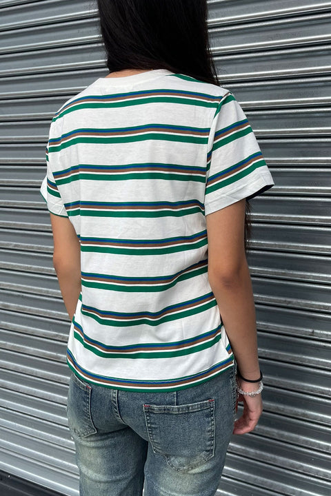 Basic Short Sleeve Crew Neck Multi Striped Knit Top