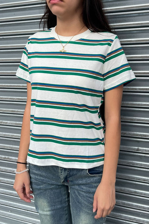 Basic Short Sleeve Crew Neck Multi Striped Knit Top