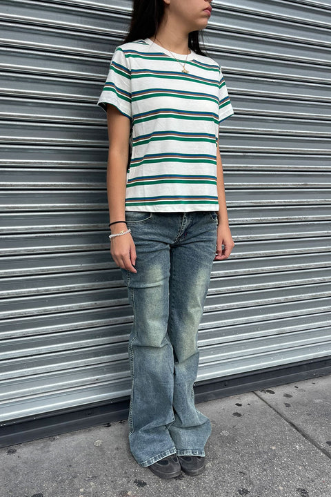 Basic Short Sleeve Crew Neck Multi Striped Knit Top