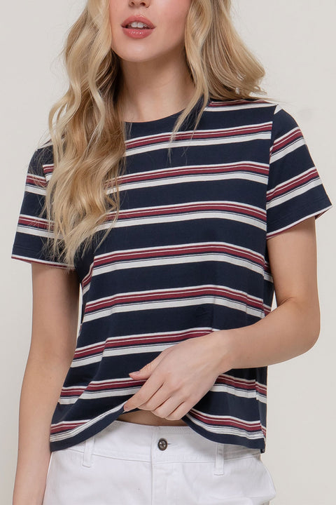 Basic Short Sleeve Crew Neck Multi Striped Knit Top