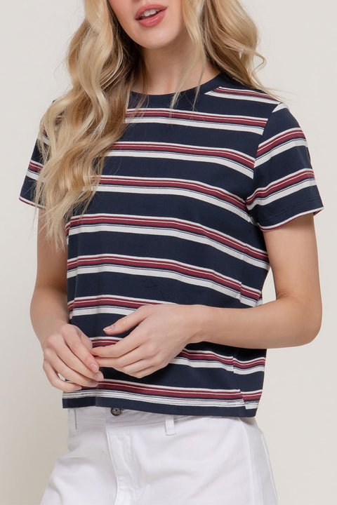 Basic Short Sleeve Crew Neck Multi Striped Knit Top