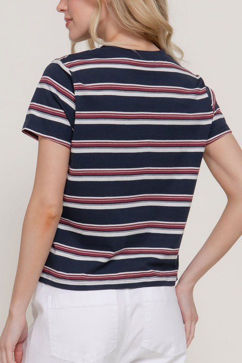 Basic Short Sleeve Crew Neck Multi Striped Knit Top