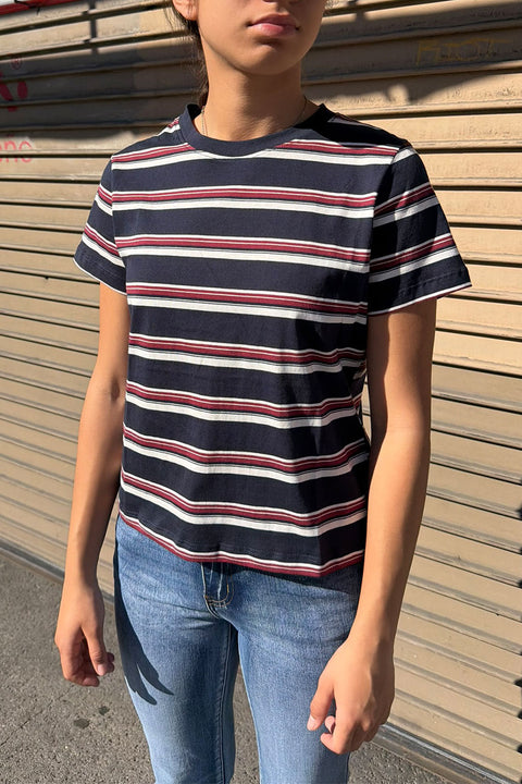 Basic Short Sleeve Crew Neck Multi Striped Knit Top