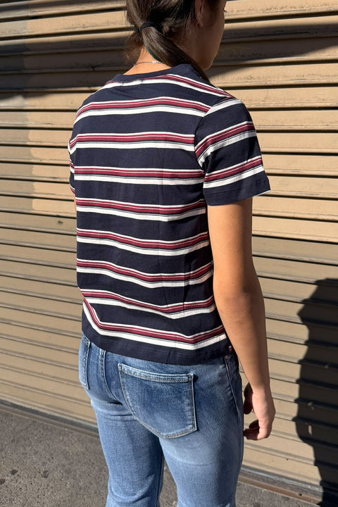 Basic Short Sleeve Crew Neck Multi Striped Knit Top