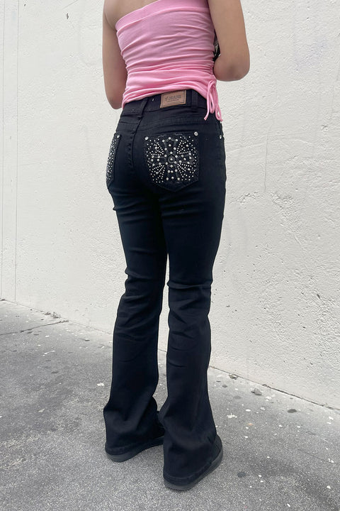 2000s Style Cross Rhinestone Bling Back Pocket Bootcut Black Jean with Good Stretch