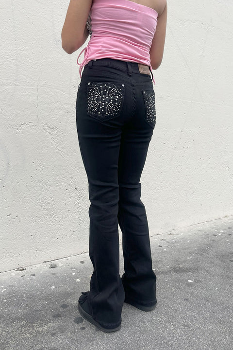 2000s Style Cross Rhinestone Bling Back Pocket Bootcut Black Jean with Good Stretch