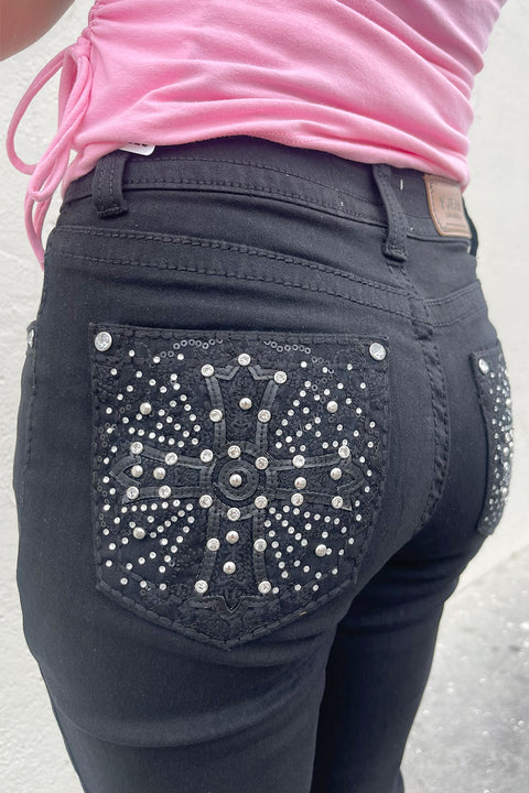 2000s Style Cross Rhinestone Bling Back Pocket Bootcut Black Jean with Good Stretch