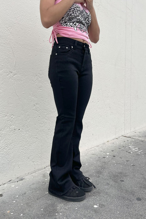 2000s Style Cross Rhinestone Bling Back Pocket Bootcut Black Jean with Good Stretch
