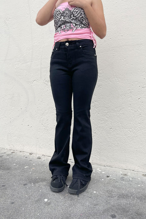 2000s Style Cross Rhinestone Bling Back Pocket Bootcut Black Jean with Good Stretch