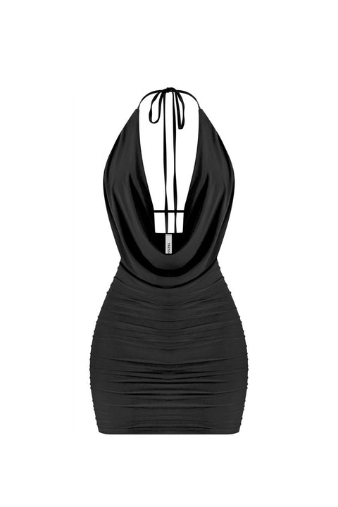 Tresser™ Low Plunging Cowl Halter Neck Ruched Mini Dress