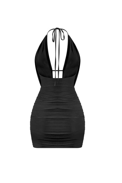 Tresser™ Low Plunging Cowl Halter Neck Ruched Mini Dress