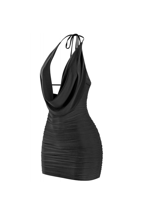 Tresser™ Low Plunging Cowl Halter Neck Ruched Mini Dress