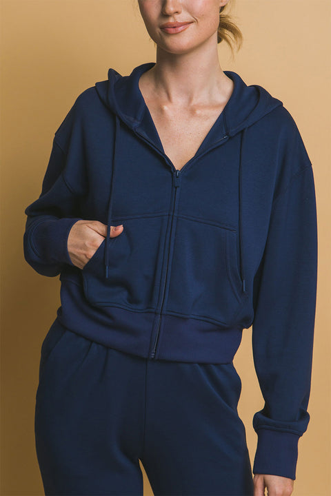 Basic Super Soft & Stretchy Sweater Front-Zip Hoodie