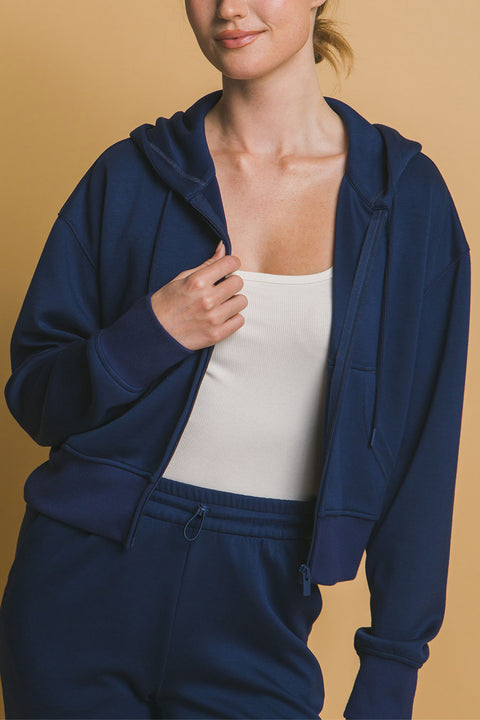 Basic Super Soft & Stretchy Sweater Front-Zip Hoodie