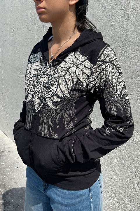 2000s Gothic Fleur De Lis Wing Rhinestone Print Front Zip-Up Hoodie Jacket