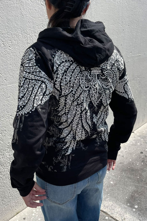 2000s Gothic Fleur De Lis Wing Rhinestone Print Front Zip-Up Hoodie Jacket