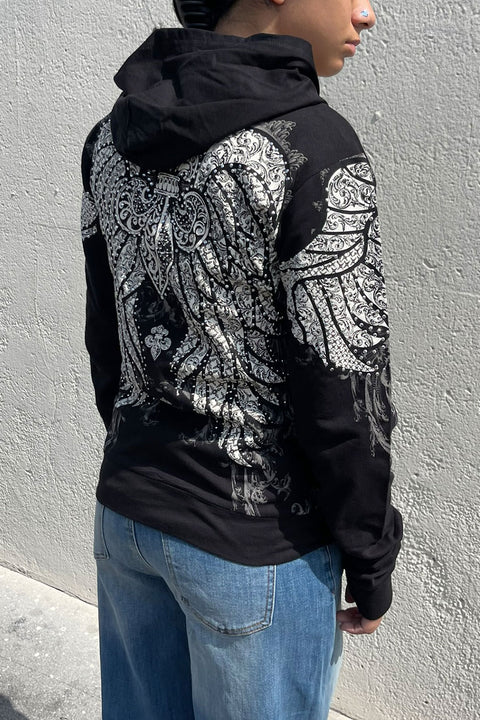 2000s Gothic Fleur De Lis Wing Rhinestone Print Front Zip-Up Hoodie Jacket