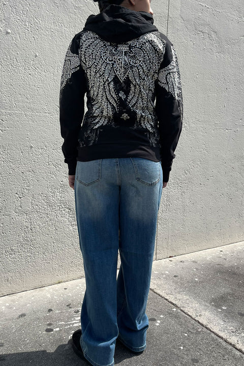 2000s Gothic Fleur De Lis Wing Rhinestone Print Front Zip-Up Hoodie Jacket