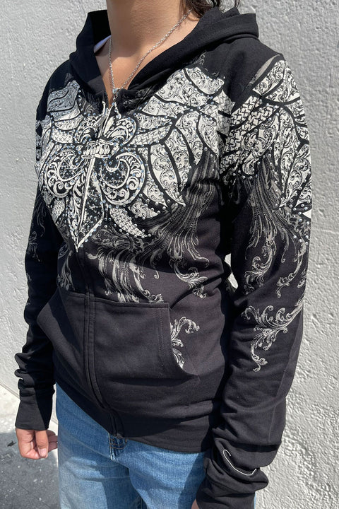 2000s Gothic Fleur De Lis Wing Rhinestone Print Front Zip-Up Hoodie Jacket