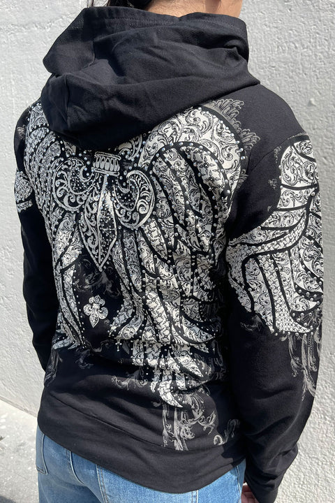 2000s Gothic Fleur De Lis Wing Rhinestone Print Front Zip-Up Hoodie Jacket