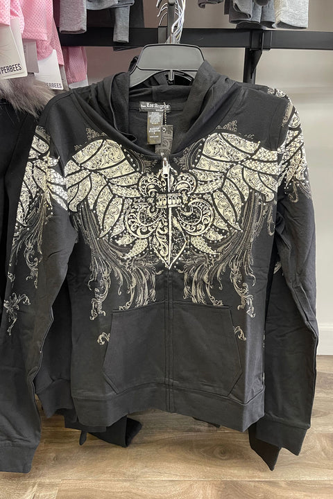 2000s Gothic Fleur De Lis Wing Rhinestone Print Front Zip-Up Hoodie Jacket
