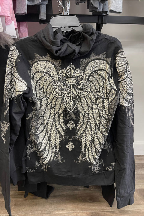2000s Gothic Fleur De Lis Wing Rhinestone Print Front Zip-Up Hoodie Jacket