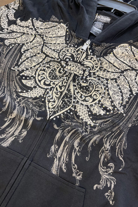 2000s Gothic Fleur De Lis Wing Rhinestone Print Front Zip-Up Hoodie Jacket