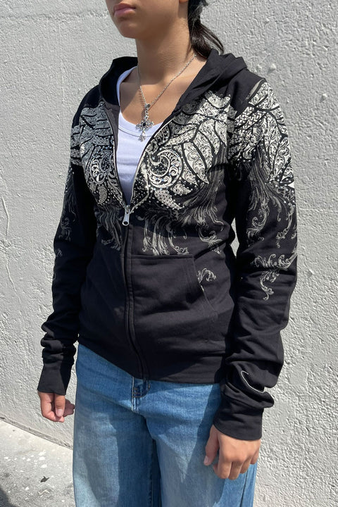 2000s Gothic Fleur De Lis Wing Rhinestone Print Front Zip-Up Hoodie Jacket