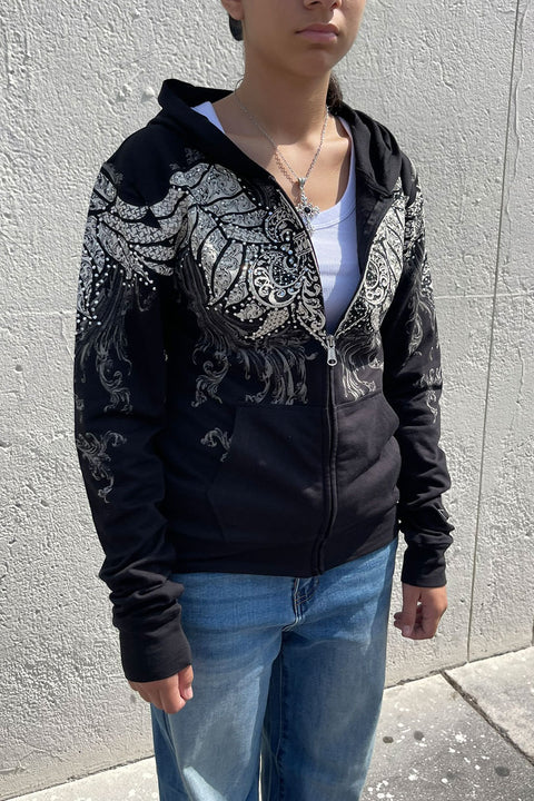 2000s Gothic Fleur De Lis Wing Rhinestone Print Front Zip-Up Hoodie Jacket