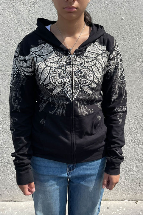 2000s Gothic Fleur De Lis Wing Rhinestone Print Front Zip-Up Hoodie Jacket