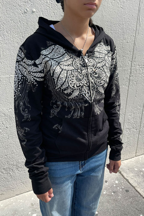 2000s Gothic Fleur De Lis Wing Rhinestone Print Front Zip-Up Hoodie Jacket