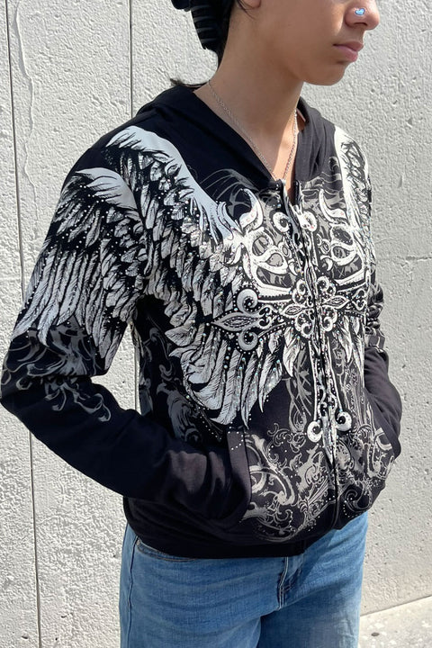 2000s Gothic Cross & Wing Rhinestone Print Front Zip-Up Hoodie Jacket