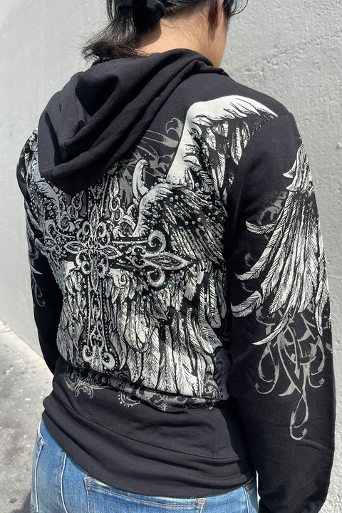 2000s Gothic Cross & Wing Rhinestone Print Front Zip-Up Hoodie Jacket