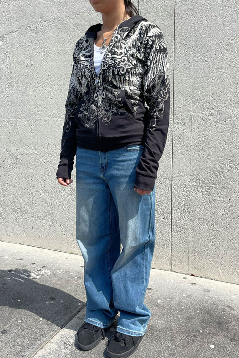 2000s Gothic Cross & Wing Rhinestone Print Front Zip-Up Hoodie Jacket