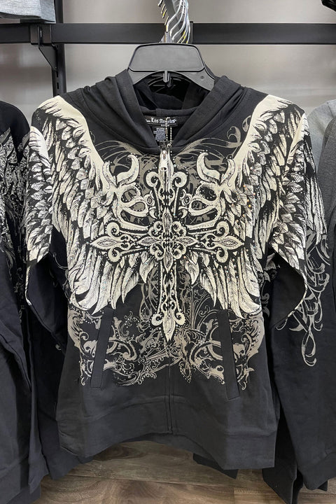 2000s Gothic Cross & Wing Rhinestone Print Front Zip-Up Hoodie Jacket