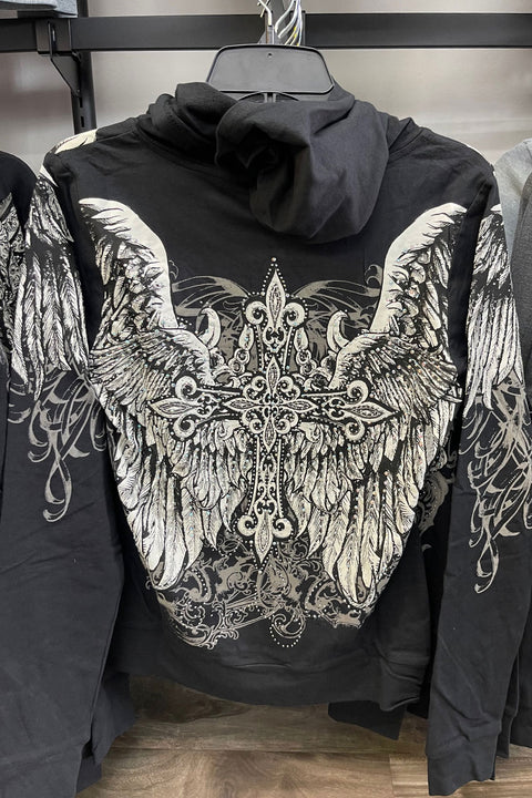 2000s Gothic Cross & Wing Rhinestone Print Front Zip-Up Hoodie Jacket
